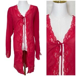Bed of Roses Sheer Lace Trim Robe Women XL Red Tie‎ Front Chiffon Y2K Romantic
